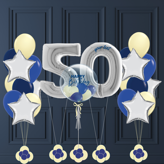 Set Ballons "Bleu Majesté" – Anniversaire Élégant avec Chiffres & Ballon Bulles Personnalisée