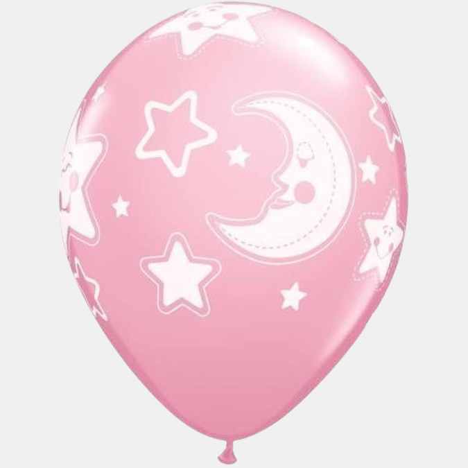 Ballon en latex rose perlé Lune et étoiles (28 cm)
