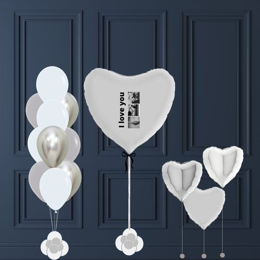 Silbernes, graues &amp; weißes Ballonset – Personalisierter Herzballon mit Fotos