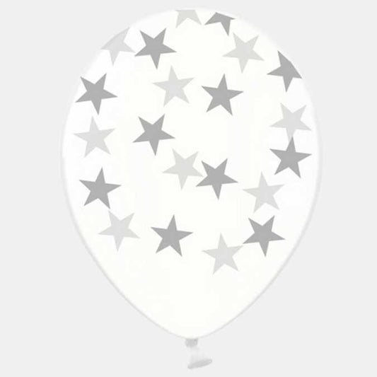 Ballon en latex Stars Crystal Clear, avec impression argentée sur cinq faces 30
